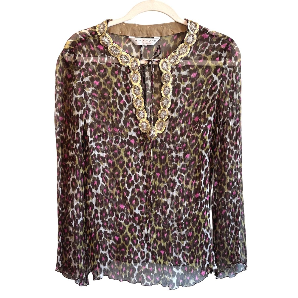 Trina Turk Embellished Leopard Print Silk Chiffon Blouse Est Small Boho Luxe